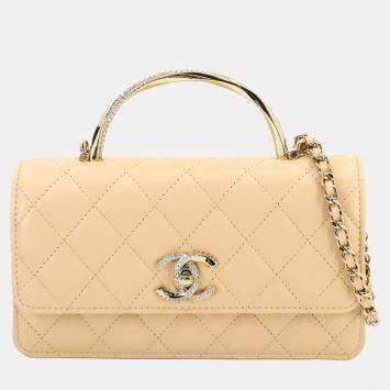 Pre Owned محفظة شانيل بسلسلة يد 2-طريق ماتلاسي جلد الحمل لون بيج