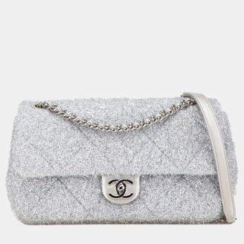 Pre Owned Chanel Pour Tou Glitter Chain Shoulder Bag Silver Microfiber Lambskin