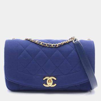 Pre Owned Chanel Matelasse Diana Flap Shoulder Bag Cotton And Jersey Blue