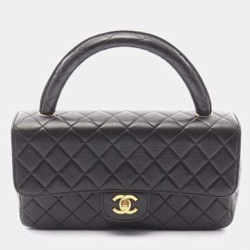 Pre Owned Chanel Matelasse Parent-Child Handbag Lambskin Leather Black