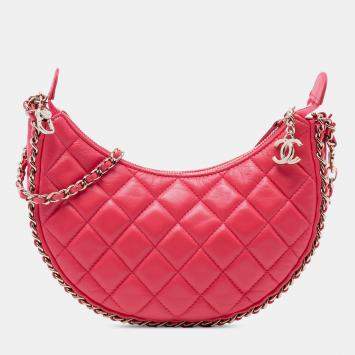 Pre Owned Chanel Pink Small Quilted Lambskin Chain Around Hook Hobo Bag