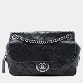 Pre Owned Chanel Black Paris Edinburgh Jumbo Quilted Calfskin Coco Sporran Flap