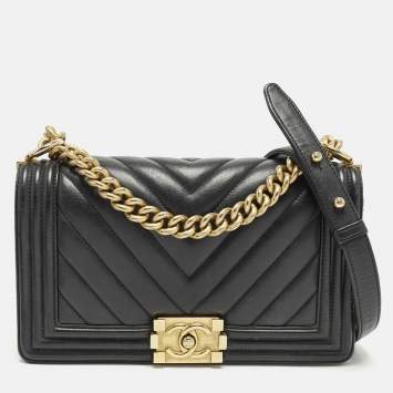 Pre Owned Chanel Boy Medium Black Chevron Leather Flap Bag