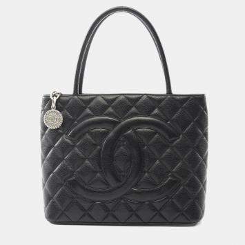 Pre Owned Chanel Medallion Black Caviar Leather Tote Bag