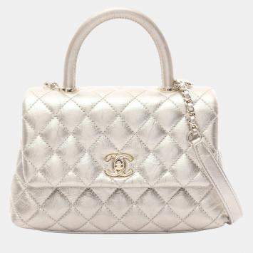 Pre Owned Chanel Coco Handle Metallic Silver Leather Top Handle Bag