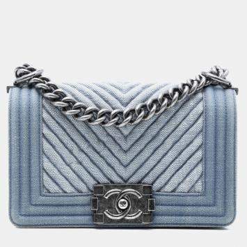 Pre Owned Chanel Blue Small Chevron Denim Boy Flap