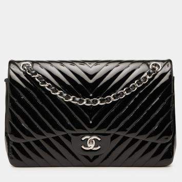 Pre Owned Chanel Black Jumbo Classic Chevron Patent Double Flap