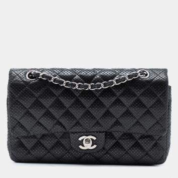 Pre Owned Chanel Black Medium Classic Perforated Lambskin Double Flap