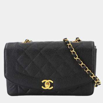 Pre Owned Chanel Diana Matelasse 22 Black Caviar Leather Chain Shoulder Bag