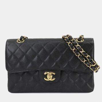 Pre Owned Chanel Classic Double Flap Small Black Caviar Leather Chain Shoulder Bag