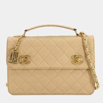 Pre Owned Chanel Double CC Turn Lock Cambon Charm Small Beige Quilted Lambskin Shoulder Bag