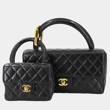 Pre Owned Chanel Vintage Twin Flap Set Black Leather Handbags