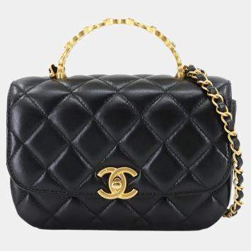 Pre Owned Chanel Matelasse Top Handle Bag 2-Way Hand Chain Shoulder Bag In Black Lambskin