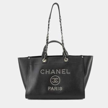 مملوكة مسبقًا Chanel Deauville Coco Mark Studded Large Caviar Leather Tote Bag Black