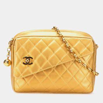 مملوكة مسبقًا Chanel Matelasse Coco Mark Ball Chain Shoulder Bag In Gold Lambskin