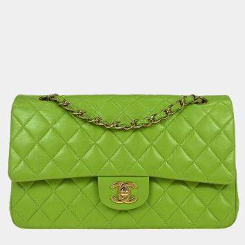 Pre Owned حقيبة كتف شانيل جلد الحمل أخضر كلاسيكي متوسط مزدوجة رفرف