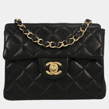 Pre Owned حقيبة شانيل سلسلة كتف جلد خروف سوداء صغيرة مربعة كلاسيكية فلاب