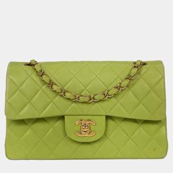 Pre Owned حقيبة كتف شانيل رفرف مزدوج كلاسيكية جلد خروف خضراء صغيرة