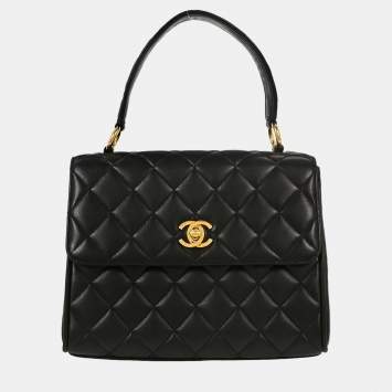Pre Owned Chanel Black Lambskin Straight Flap Handbag