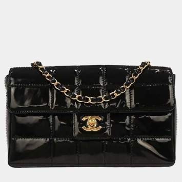 Pre Owned Chanel Choco Bar Single Flap Black Patent Leather Shoulder Bag
