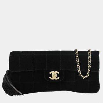 Pre Owned Chanel Black Velvet East West Choco Bar Shoulder Bag