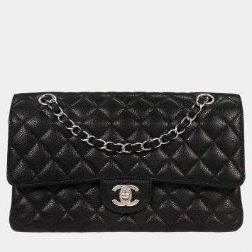 Pre Owned Chanel Black Calfskin Medium Classic Double Flap Shoulder Bag
