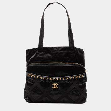 Pre Owned حقيبة يد شانيل قابلة للطي نايلون أسود غروغران