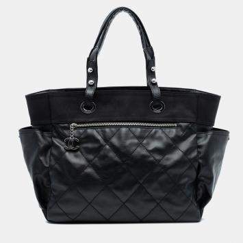 Pre Owned Chanel Black Large Quilted Coated Canvas Paris Biarritz Tote