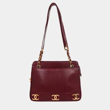 Pre Owned Chanel Triple CC Bordeaux Calfskin Leather Tote Bag
