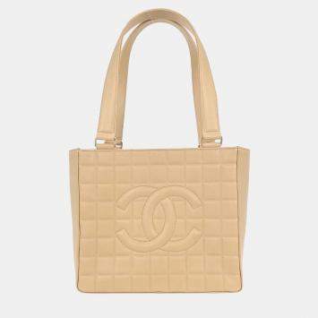 Pre Owned Chanel Beige Lambskin Choco Bar Tote Bag