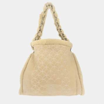 Pre Owned Chanel Beige Mouton Shearling Tote Bag