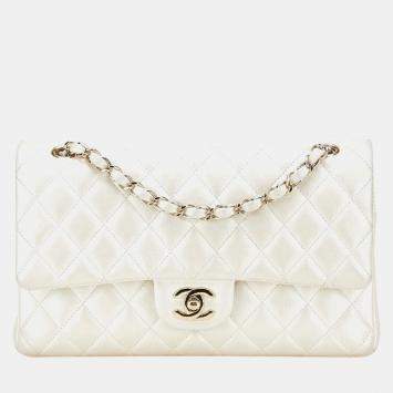 Pre Owned Chanel Matelasse 25 Coco Mark Double Flap Chain Shoulder Bag Handbag White Lambskin