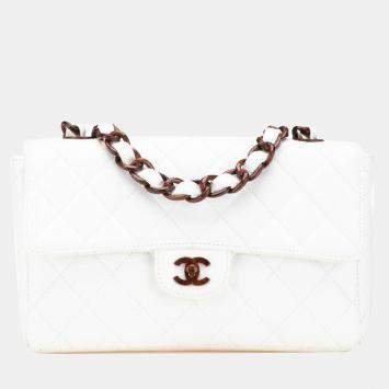 Pre Owned Chanel Coco Wood Chain White Caviar Leather Shoulder Bag