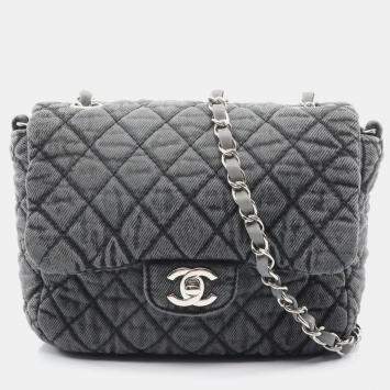 Pre Owned Chanel Flap Quilted Grey Denim Shoulder Bag