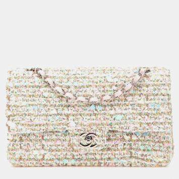 Pre Owned Chanel Double Flap Multicolor Tweed Leather Shoulder Bag