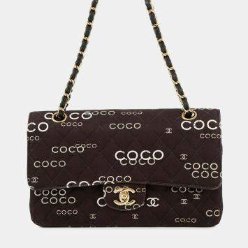 Pre Owned Chanel Chain Shoulder Bag Coco Print Matelasse 25 Mark Double Chain Canvas Black