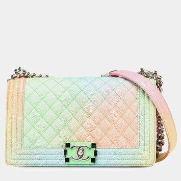 Pre Owned Chanel Boy Chanel Coco Mark Chain Shoulder Bag In Multicolored Caviar Skin