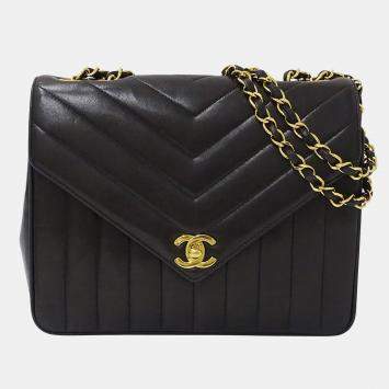 Pre Owned Chanel Shoulder Bag V-Stitched Lambskin Black With Gold Hardware And Double Chain