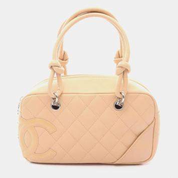 Pre Owned Chanel Cambon Mini Bowling Bag Handbag Leather Patent Beige