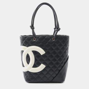 Pre Owned حقيبة يد توت شانيل كامبون متوسطة جلد سوداء وبيضاء