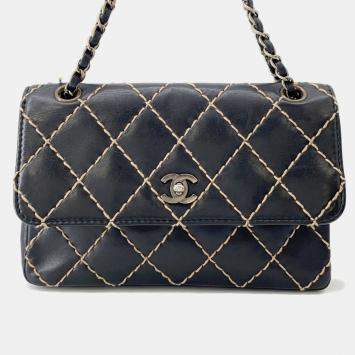 مملوكة مسبقًا Chanel Chain Shoulder Bag Matelasse Coco Mark Wild Stitch Double Lambskin Black