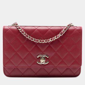 Pre Owned Chanel Red Lambskin Trendy CC Wallet On Chain