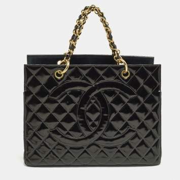 Pre Owned Chanel Black Quilted Patent Leather Chain Tote
