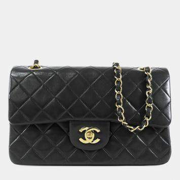 Pre Owned Chanel Black Small Classic Lambskin Double Flap