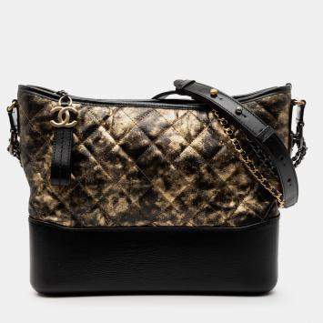 Pre Owned Chanel Black Gold Medium Quilted Metallic Crumpled Goatskin Gabrielle Hobo