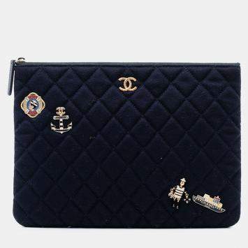 Pre Owned Chanel Blue Paris Hamburg Medium Quilted Wool Coco Sailor Charms O Case Clutch