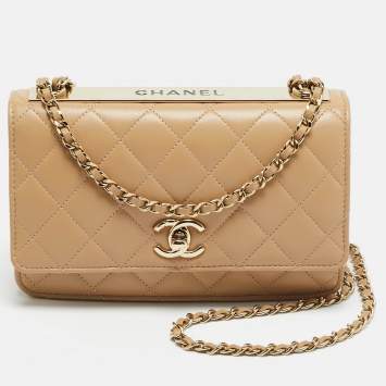 Pre Owned Chanel Trendy CC Beige Quilted Leather Wallet On Chain