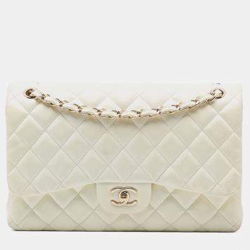 Pre Owned Chanel White Jumbo Classic Lambskin Double Flap