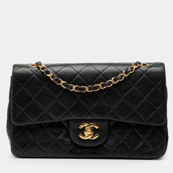 Pre Owned Chanel Black Small Classic Lambskin Double Flap