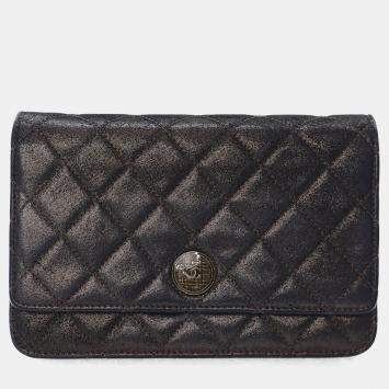Pre Owned Chanel Black Metallic Quilted Leather Tartan Button Wallet On Chain (WOC)